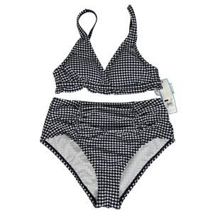 Draper James NWT Bikini 2 Piece Swimsuit XS Gingham Ruffled Navy White Swim Set
